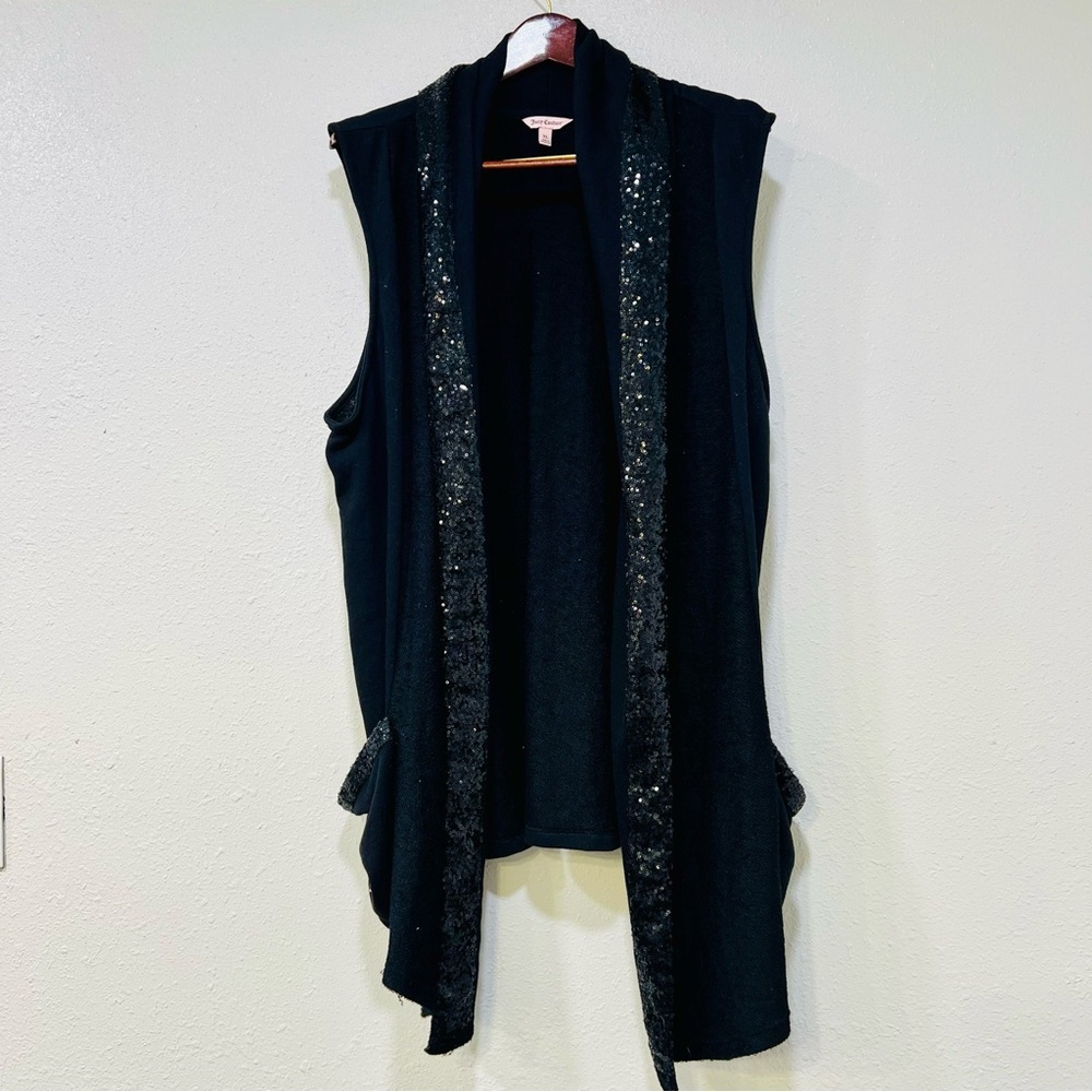 JUICY COUTURE Women’s Size XL BLACK Long Sequined Cardigan Vest Sleeveless Knit